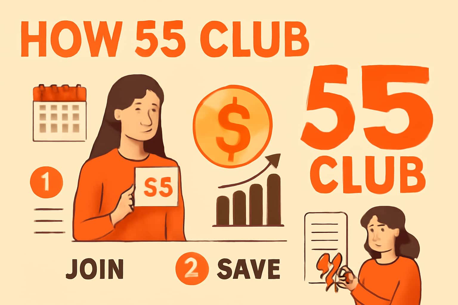 Informational scene illustrating the functionality of 55 Club with the text '55 Club'.