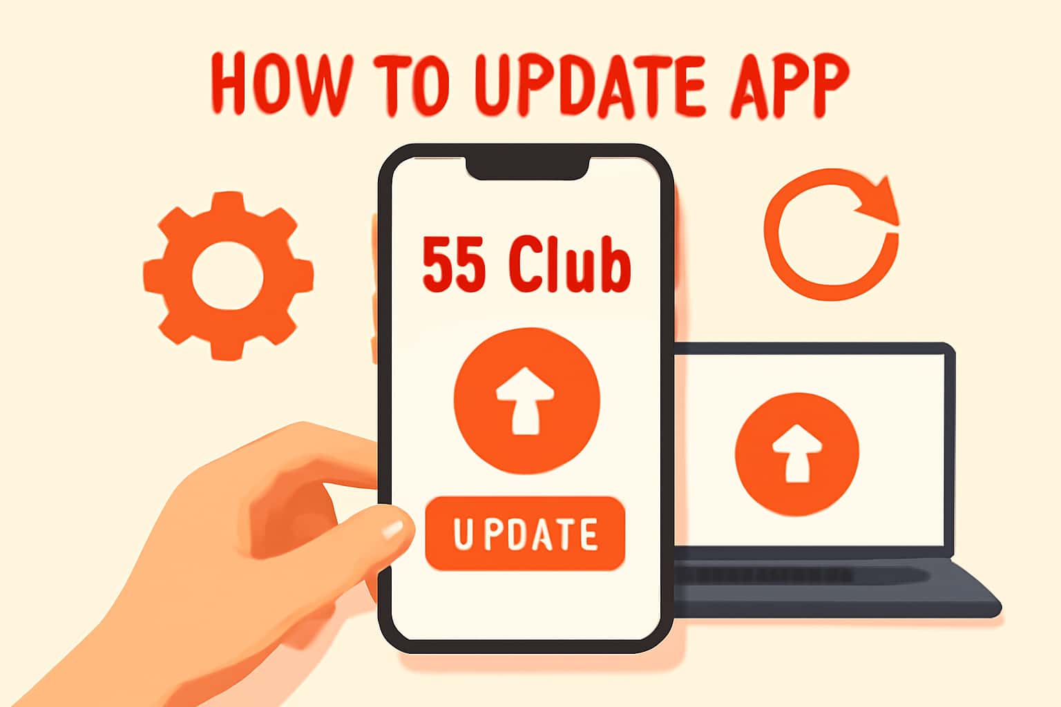 An informative scene illustrating the process of updating the 55 Club App, featuring the text '55 Club'.