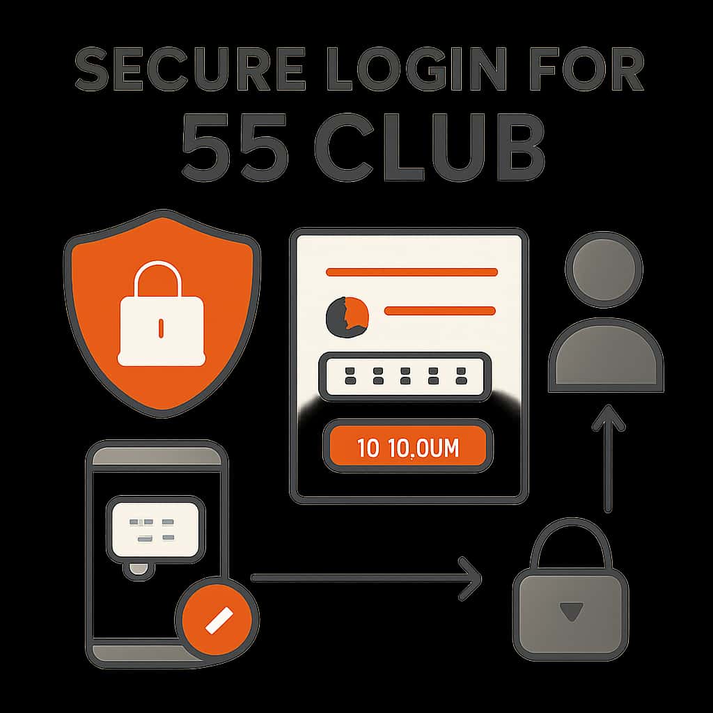 An educational diagram illustrating the secure login steps for the 55 Club app.