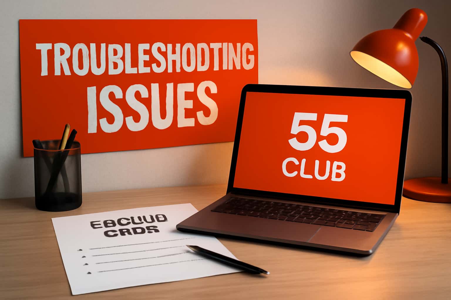 Informational graphic about troubleshooting issues in the 55 Club app.